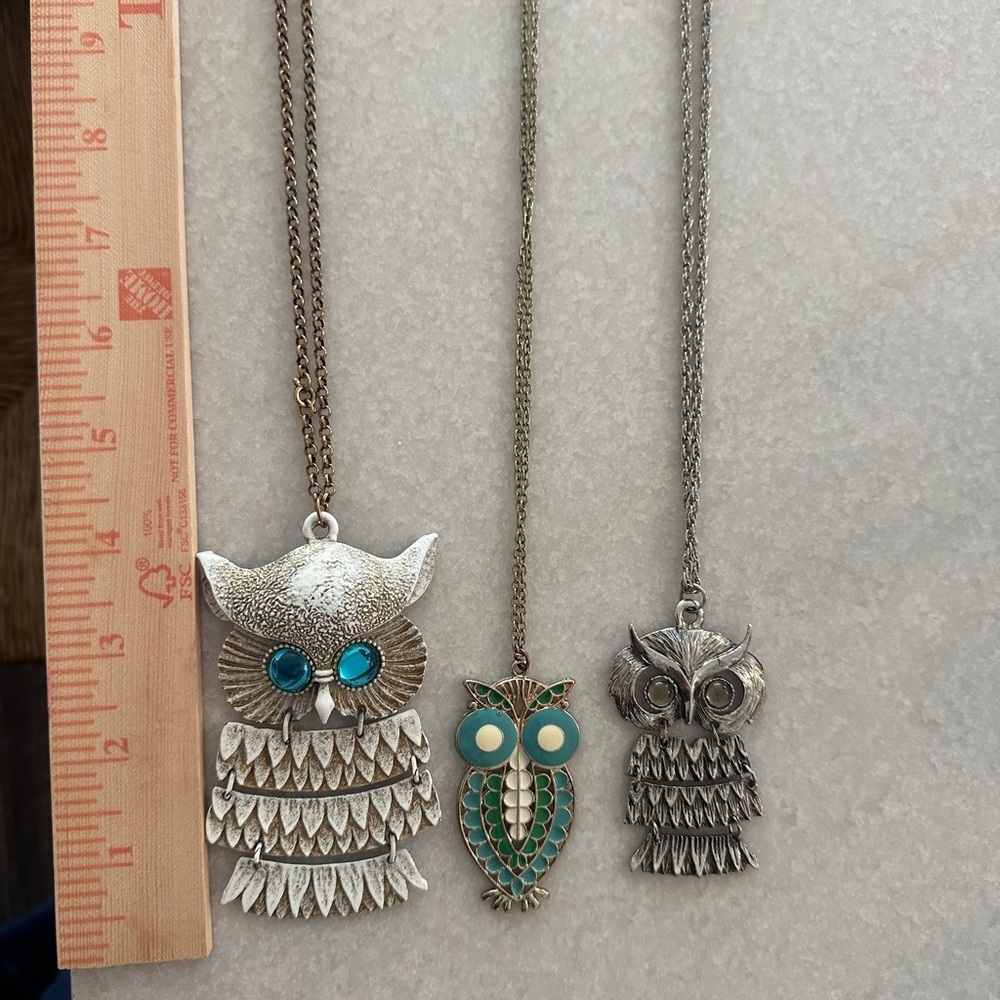 Set of 3 Silver and Turquoise Owl Pendant Necklaces - Picture 5 of 7
